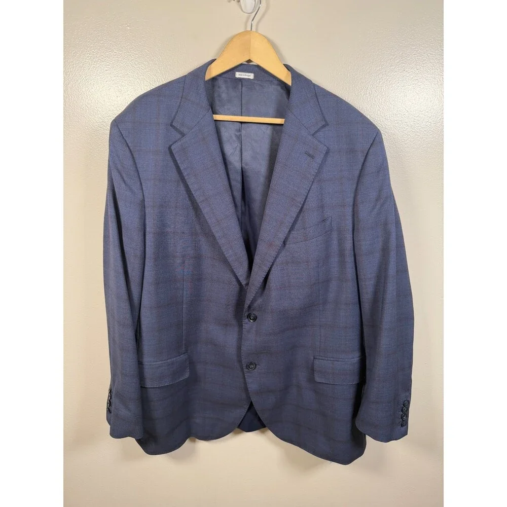 Peter Millar Wool Blazer Size 48 R Blue Plaid Career Professional Business Work